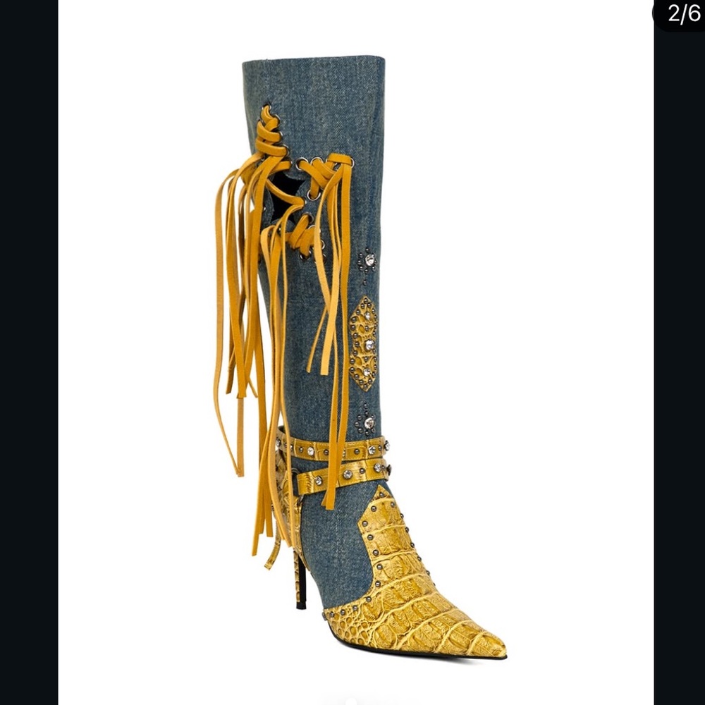 Yello Tokyo - Edgy Yellow Croc Fringe Studded Crystal Y2K Denim Heeled Boots - Picture 2 of 5